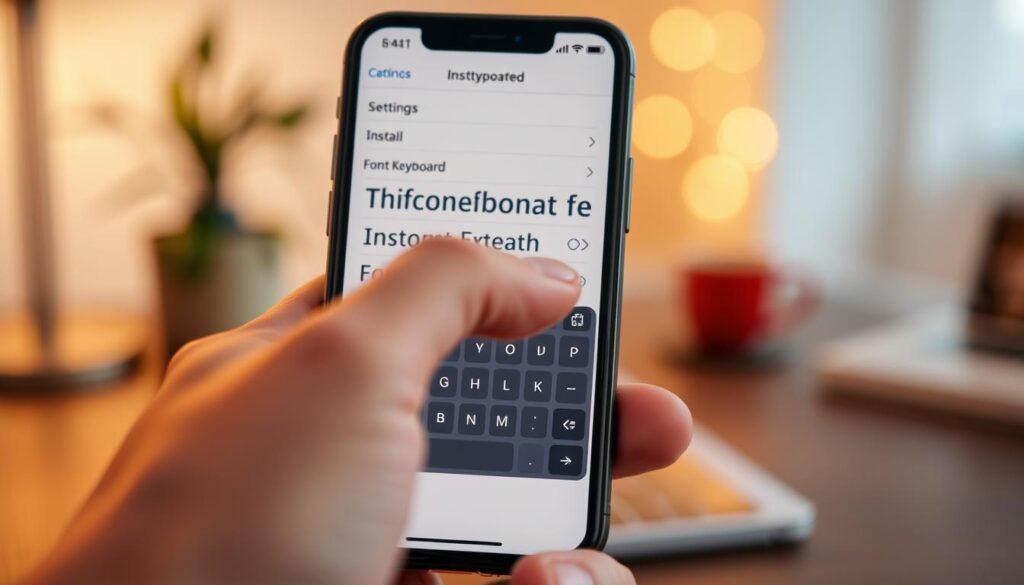 A sleek, modern smartphone displaying the iOS interface with a focus on the font keyboard settings. The foreground features a close-up of a hand, dressed in professional attire, confidently navigating the settings menu. In the middle, the screen shows a visually appealing layout of various font options available for the keyboard, highlighting the installation process. The background is softly blurred, suggesting a cozy workspace with warm, inviting lighting. The overall mood is informative and engaging, reflecting a sense of professionalism and modern technology. Capture this scene from a slightly angled perspective, showcasing the smartphone’s sleek design while maintaining a focus on the details of the installation process.