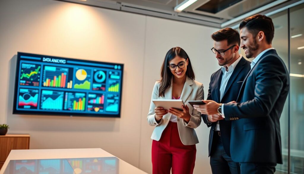 A visually engaging representation of the stages of data analytics, featuring a sleek, modern workspace. In the foreground, a diverse group of three professionals in business attire—one woman and two men—discussing data charts on a digital tablet. The middle ground showcases a large screen displaying colorful data visualizations and graphs, indicating various analytics stages like data collection, processing, analysis, and visualization. The background reveals a minimalistic office environment with soft lighting creating a focused yet collaborative atmosphere. The scene is captured in a dynamic angle, emphasizing teamwork in data-driven decision-making, with a warm color palette that conveys optimism and innovation. A visually engaging representation of the stages of data analytics, featuring a sleek, modern workspace. In the foreground, a diverse group of three professionals in business attire—one woman and two men—discussing data charts on a digital tablet. The middle ground showcases a large screen displaying colorful data visualizations and graphs, indicating various analytics stages like data collection, processing, analysis, and visualization. The background reveals a minimalistic office environment with soft lighting creating a focused yet collaborative atmosphere. The scene is captured in a dynamic angle, emphasizing teamwork in data-driven decision-making, with a warm color palette that conveys optimism and innovation.