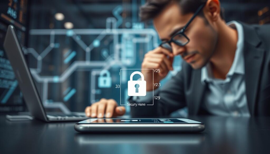 A close-up view of a modern iPhone secured within a high-tech environment, within a sleek workspace. In the foreground, the iPhone screen displays security measures like a padlock icon and firewalls, symbolizing device security. Mid-ground features a professional business person in modest casual attire intently examining the iPhone, symbolizing vigilance. The background includes abstract digital elements, like flowing data streams and glowing circuitry, creating an atmosphere of cybersecurity and protection. Soft, focused lighting highlights the iPhone, with a slight blur effect on the background to emphasize the subject. Overall, the mood conveys a sense of security, awareness, and proactive measures against data breaches. A close-up view of a modern iPhone secured within a high-tech environment, within a sleek workspace. In the foreground, the iPhone screen displays security measures like a padlock icon and firewalls, symbolizing device security. Mid-ground features a professional business person in modest casual attire intently examining the iPhone, symbolizing vigilance. The background includes abstract digital elements, like flowing data streams and glowing circuitry, creating an atmosphere of cybersecurity and protection. Soft, focused lighting highlights the iPhone, with a slight blur effect on the background to emphasize the subject. Overall, the mood conveys a sense of security, awareness, and proactive measures against data breaches.