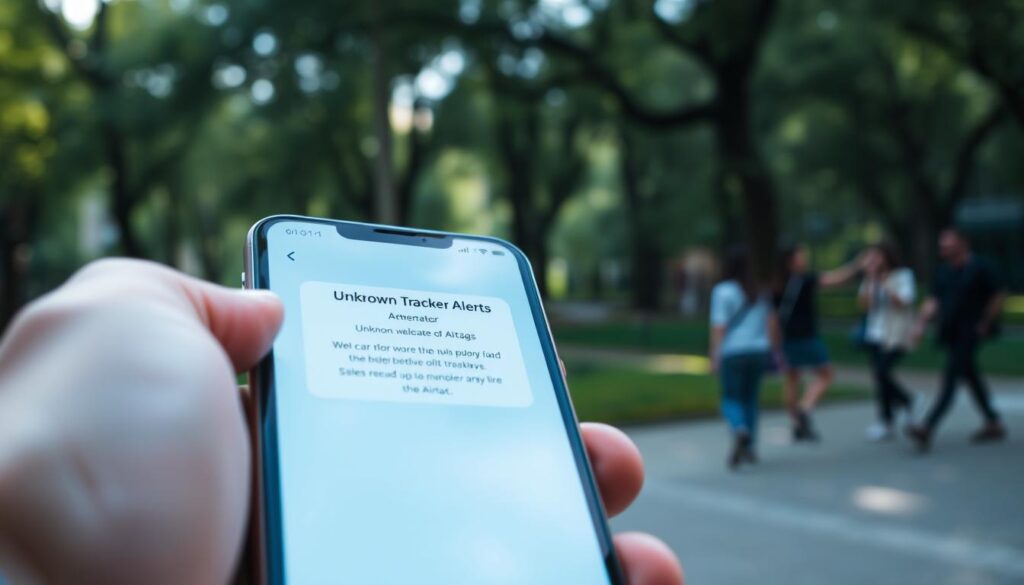 A close-up view of a smartphone screen displaying an "Unknown Tracker Alerts" notification, set against a blurred background of an urban park. In the foreground, the smartphone's polished surface glows softly, reflecting natural light filtering through trees. A hand, wearing a professional business watch, holds the phone, emphasizing a sense of urgency and awareness. In the middle ground, hint at some blurred silhouettes of people casually walking, signifying a public space where tracking can occur. The atmosphere feels tense yet informative, highlighting the importance of awareness concerning potential tracking devices like AirTags. Soft focus on the background, ensuring the smartphone and the alert stay sharp and clear. Aim for a cool color palette with hints of green and blue to reflect technology and vigilance.