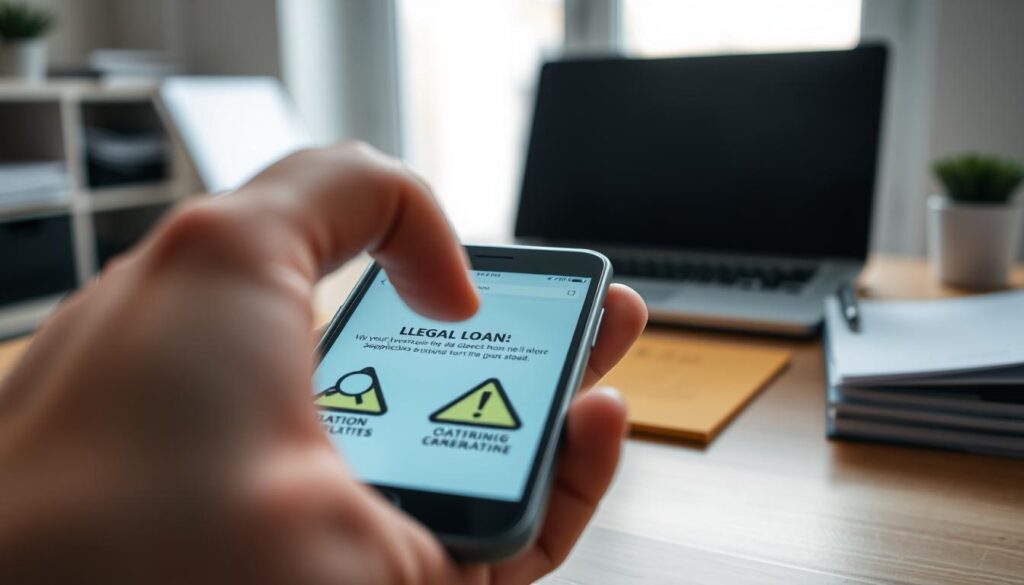 A close-up view of a smartphone screen displaying warning signs about illegal loan applications, featuring icons like a magnifying glass over a caution symbol. The foreground shows a hand reaching out to interact with the screen, with the fingers clearly poised above it. In the middle ground, a blurred background showcases a home office setting with a neatly organized desk, a laptop, and some documents. Soft, natural lighting creates a calm atmosphere, illuminating the smartphone while leaving the surrounding area slightly dim. The focus on the smartphone emphasizes caution and vigilance, emphasizing the importance of detecting potentially harmful applications. Overall, the scene conveys a serious and alert mood, suitable for an informative article on technology safety.