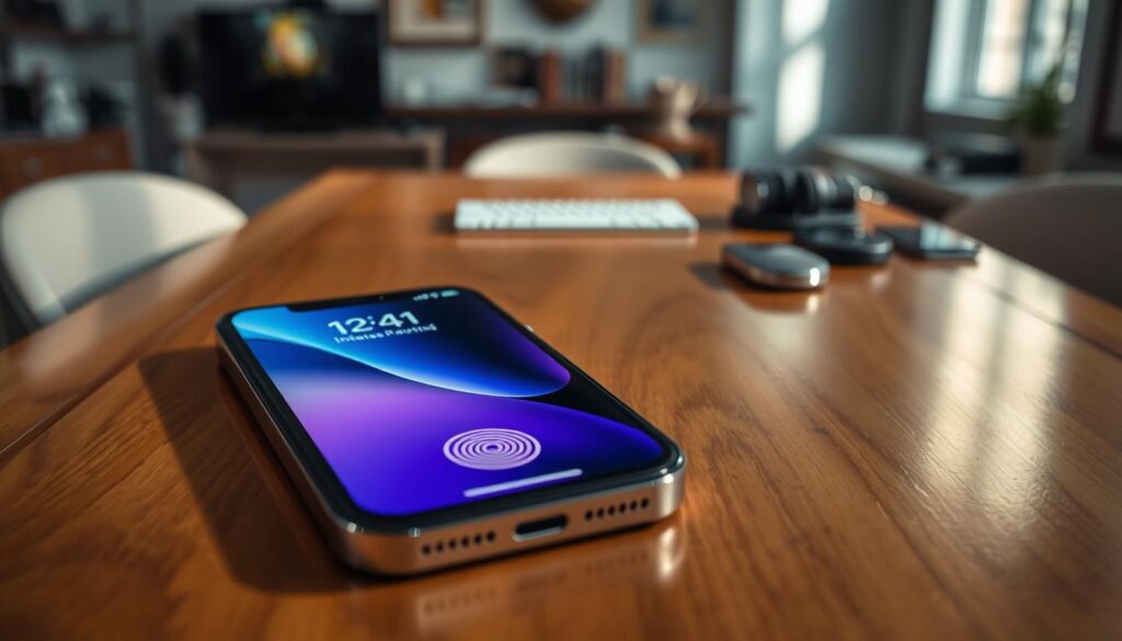 A close-up view of an iPhone SE 2024 featuring the newly enhanced Touch ID sensor. The iPhone is centered in the foreground, showcasing a sleek design with a vivid home screen displayed. The Touch ID button is highlighted, reflecting a modern aesthetic with subtle lighting that draws attention to it. In the middle background, an elegant wooden table gives context, suggesting a tech-savvy environment. Soft, diffused natural light streams in from a window, creating a warm and inviting atmosphere. A blurred backdrop hints at a workspace with hints of tech gadgets. The overall mood is professional yet approachable, emphasizing innovation and user-friendly technology without any distractions or additional elements. A close-up view of an iPhone SE 2024 featuring the newly enhanced Touch ID sensor. The iPhone is centered in the foreground, showcasing a sleek design with a vivid home screen displayed. The Touch ID button is highlighted, reflecting a modern aesthetic with subtle lighting that draws attention to it. In the middle background, an elegant wooden table gives context, suggesting a tech-savvy environment. Soft, diffused natural light streams in from a window, creating a warm and inviting atmosphere. A blurred backdrop hints at a workspace with hints of tech gadgets. The overall mood is professional yet approachable, emphasizing innovation and user-friendly technology without any distractions or additional elements.