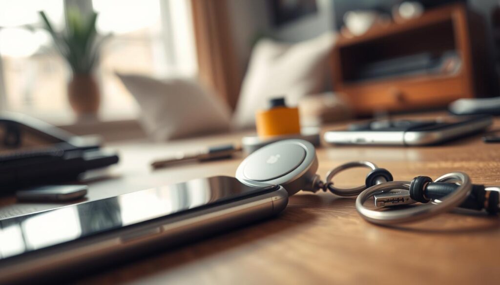 A close-up view of an unknown AirTag lying on a wooden table, surrounded by everyday items like a smartphone and keys, suggesting a sense of personal belonging. The AirTag is silver with a sleek design, reflecting light in a subtle way, creating a glint that draws attention. In the background, a blurred home environment hints at a cozy living space, adding warmth to the scene. Soft, diffused natural lighting filters in from a nearby window, casting gentle shadows and enhancing the foreground focus on the AirTag. The atmosphere conveys a sense of alertness and caution, emphasizing the topic of protection against tracking. Capture the image from a slightly elevated angle to give a dynamic perspective. A close-up view of an unknown AirTag lying on a wooden table, surrounded by everyday items like a smartphone and keys, suggesting a sense of personal belonging. The AirTag is silver with a sleek design, reflecting light in a subtle way, creating a glint that draws attention. In the background, a blurred home environment hints at a cozy living space, adding warmth to the scene. Soft, diffused natural lighting filters in from a nearby window, casting gentle shadows and enhancing the foreground focus on the AirTag. The atmosphere conveys a sense of alertness and caution, emphasizing the topic of protection against tracking. Capture the image from a slightly elevated angle to give a dynamic perspective.