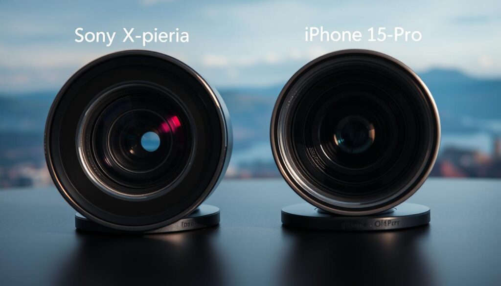 A close-up view of two smartphone camera sensors, emphasizing the 1-inch sensor of the Sony Xperia on the left and the iPhone 15 Pro sensor on the right. The foreground showcases detailed textures, such as the lens coatings and metallic casings, illuminated by soft diffused lighting to highlight their features. In the middle, the sensors are set against a sleek black surface, enhancing their modern technology design. In the background, a blurred landscape or cityscape serves as a subtle context, hinting at the outdoor photography capabilities of both devices. The mood is professional and high-tech, suitable for a tech comparison. A close-up view of two smartphone camera sensors, emphasizing the 1-inch sensor of the Sony Xperia on the left and the iPhone 15 Pro sensor on the right. The foreground showcases detailed textures, such as the lens coatings and metallic casings, illuminated by soft diffused lighting to highlight their features. In the middle, the sensors are set against a sleek black surface, enhancing their modern technology design. In the background, a blurred landscape or cityscape serves as a subtle context, hinting at the outdoor photography capabilities of both devices. The mood is professional and high-tech, suitable for a tech comparison.