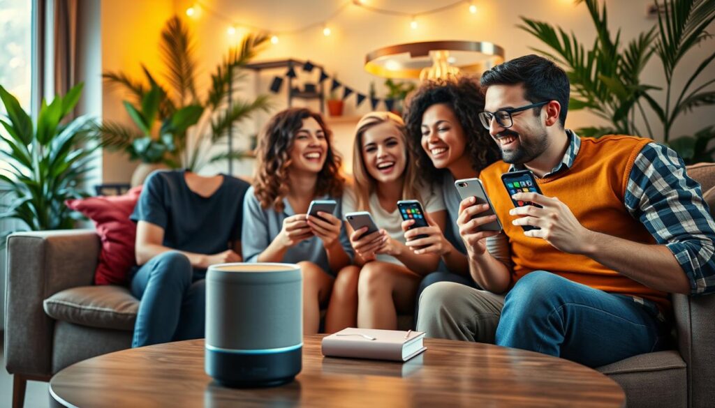 A cozy living room setting filled with vibrant colors and playful energy, showcasing a smart speaker prominently on a stylish coffee table. In the foreground, a group of diverse friends, casually dressed, are laughing and engaging with their devices. One person, a young woman with curly hair, is speaking animatedly to the smart speaker, while another, a man with glasses, holds a smartphone displaying colorful app icons. Soft, warm lighting creates an inviting atmosphere, with string lights hanging in the background. Lush indoor plants and a comfy sofa complete the scene, evoking a sense of fun, creativity, and entertainment, perfect for exploring amusing voice commands and shortcuts. A cozy living room setting filled with vibrant colors and playful energy, showcasing a smart speaker prominently on a stylish coffee table. In the foreground, a group of diverse friends, casually dressed, are laughing and engaging with their devices. One person, a young woman with curly hair, is speaking animatedly to the smart speaker, while another, a man with glasses, holds a smartphone displaying colorful app icons. Soft, warm lighting creates an inviting atmosphere, with string lights hanging in the background. Lush indoor plants and a comfy sofa complete the scene, evoking a sense of fun, creativity, and entertainment, perfect for exploring amusing voice commands and shortcuts.