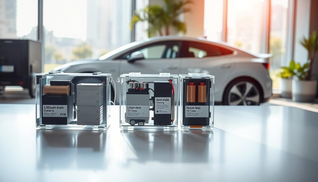 A detailed comparison of different types of EV batteries, prominently displayed on a sleek, modern table in the foreground. In the center, three distinct battery types—lithium-ion, solid-state, and nickel-metal hydride—are showcased in transparent casing to reveal their internal structures, with labels indicating their specifications. A stylish electric vehicle is visible in the background, with an urban setting that highlights the future of green technology. The scene is illuminated with bright, natural light streaming in from a nearby window, creating a vibrant and optimistic atmosphere. The camera angle is slightly elevated, capturing the entire setup with a focus on clarity and detail, enhancing the informative nature of the image while maintaining a clean, professional aesthetic.