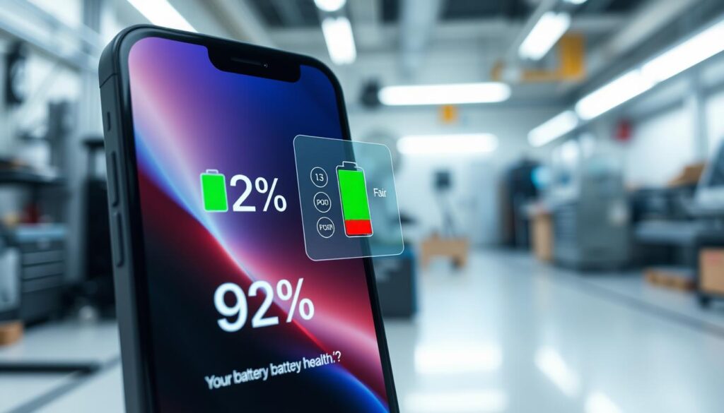 A detailed visualization of battery health represented in a sleek, modern graphical interface. In the foreground, show a close-up of an iPhone 14 Pro Max screen displaying a vivid battery health indicator, emphasizing a percentage drop from 100% to 92%. The mid-ground should include a transparent overlay of battery icons, highlighting different states like "Good", "Fair", and "Poor". The background showcases a high-tech workshop environment with soft, diffused lighting, emphasizing a clean and professional atmosphere. Utilize a shallow depth of field to focus on the battery health indicator, creating an informative and visually engaging composition that embodies the cutting-edge technology and concern for device longevity. A detailed visualization of battery health represented in a sleek, modern graphical interface. In the foreground, show a close-up of an iPhone 14 Pro Max screen displaying a vivid battery health indicator, emphasizing a percentage drop from 100% to 92%. The mid-ground should include a transparent overlay of battery icons, highlighting different states like "Good", "Fair", and "Poor". The background showcases a high-tech workshop environment with soft, diffused lighting, emphasizing a clean and professional atmosphere. Utilize a shallow depth of field to focus on the battery health indicator, creating an informative and visually engaging composition that embodies the cutting-edge technology and concern for device longevity.