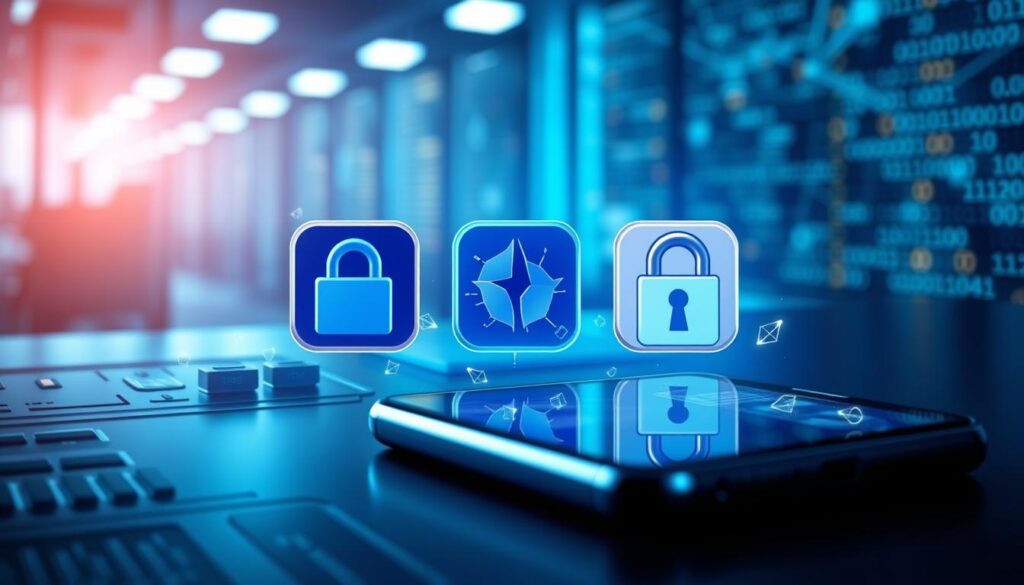 A digital art composition illustrating the concept of "attacks on app services" in a tech-themed environment. In the foreground, depict a stylized representation of a smartphone with sensitive data symbols like padlocks and documents around it, showing vulnerability. In the middle, illustrate three distinct app icons with visual representations of loopholes, like cracks and breaches, portraying their unsafe nature. In the background, create a blurred cityscape of data servers and code streams, symbolizing the digital landscape. Use cool, neon blue and dark shades to evoke a sense of urgency and danger, with subtle glows and reflections. The lighting should be dramatic, emphasizing the icons and the smartphone, while maintaining a futuristic, techy mood. A digital art composition illustrating the concept of "attacks on app services" in a tech-themed environment. In the foreground, depict a stylized representation of a smartphone with sensitive data symbols like padlocks and documents around it, showing vulnerability. In the middle, illustrate three distinct app icons with visual representations of loopholes, like cracks and breaches, portraying their unsafe nature. In the background, create a blurred cityscape of data servers and code streams, symbolizing the digital landscape. Use cool, neon blue and dark shades to evoke a sense of urgency and danger, with subtle glows and reflections. The lighting should be dramatic, emphasizing the icons and the smartphone, while maintaining a futuristic, techy mood.