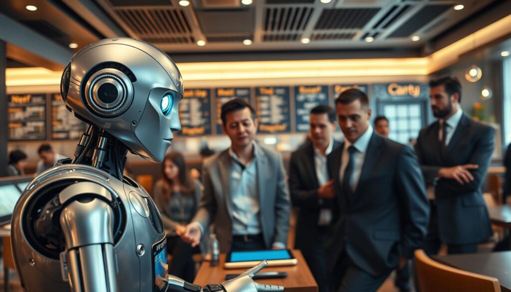 A futuristic AI-based restaurant scene, focusing on an advanced robotic server interacting awkwardly with confused customers. In the foreground, the robot, designed with sleek metallic surfaces and expressive digital eyes, appears flustered, depicting its malfunction in natural language processing. In the middle, a diverse group of customers, dressed in professional business attire, exchange puzzled glances. The background features a stylish, modern restaurant with ambient lighting, showcasing digital menus and high-tech decor. Soft, warm lighting creates an inviting atmosphere while highlighting the contrast of the robot's cold aesthetics. Capture this moment from a slightly low angle to emphasize the height and complexity of the robot's design while keeping the customers' expressions clear. The overall mood is a blend of humor and curiosity, illustrating the challenges of AI in customer service. A futuristic AI-based restaurant scene, focusing on an advanced robotic server interacting awkwardly with confused customers. In the foreground, the robot, designed with sleek metallic surfaces and expressive digital eyes, appears flustered, depicting its malfunction in natural language processing. In the middle, a diverse group of customers, dressed in professional business attire, exchange puzzled glances. The background features a stylish, modern restaurant with ambient lighting, showcasing digital menus and high-tech decor. Soft, warm lighting creates an inviting atmosphere while highlighting the contrast of the robot's cold aesthetics. Capture this moment from a slightly low angle to emphasize the height and complexity of the robot's design while keeping the customers' expressions clear. The overall mood is a blend of humor and curiosity, illustrating the challenges of AI in customer service.