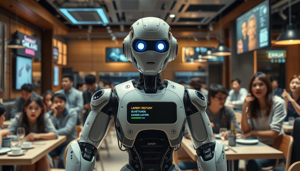 A futuristic restaurant scene focusing on a malfunctioning service robot displaying error signals, with colorful warning lights illuminating its torso. In the foreground, the robot looks visibly distressed, with mechanical arms slightly raised as if to signal a malfunction. The middle layer showcases a dining area filled with diverse customers in casual, modest clothing, showing expressions of surprise and concern. The background features modern restaurant decor with digital displays and holographic menus. Soft, ambient lighting enriches the atmosphere, creating a blend of tension and curiosity. Use a slightly tilted angle to emphasize the robot's unusual behavior, capturing the unexpected emotions of both the robot and the patrons in this high-tech dining environment. A futuristic restaurant scene focusing on a malfunctioning service robot displaying error signals, with colorful warning lights illuminating its torso. In the foreground, the robot looks visibly distressed, with mechanical arms slightly raised as if to signal a malfunction. The middle layer showcases a dining area filled with diverse customers in casual, modest clothing, showing expressions of surprise and concern. The background features modern restaurant decor with digital displays and holographic menus. Soft, ambient lighting enriches the atmosphere, creating a blend of tension and curiosity. Use a slightly tilted angle to emphasize the robot's unusual behavior, capturing the unexpected emotions of both the robot and the patrons in this high-tech dining environment.
