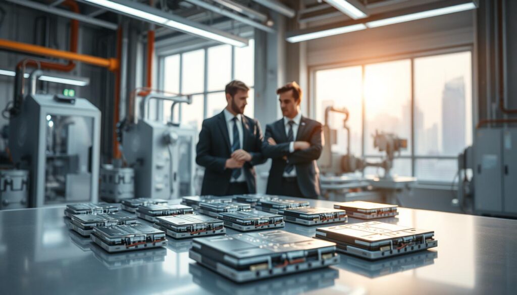 A futuristic scene depicting solid-state batteries for electric vehicles in a high-tech manufacturing facility. In the foreground, sleek, cutting-edge solid-state batteries are displayed on a polished table, showcasing their compact design and advanced technologies. In the middle, engineers in professional business attire examine the batteries, engaged in discussions, with high-tech machinery processing them in the background. Bright, ambient lighting highlights the innovation, while a large window reveals a futuristic city skyline, hinting at the potential of affordable electric vehicles. Use a wide-angle lens to capture the entire environment, emphasizing the groundbreaking nature of solid-state technology and its impact on the future of transportation. The atmosphere is one of optimism and progress, symbolizing a new era in electric mobility.