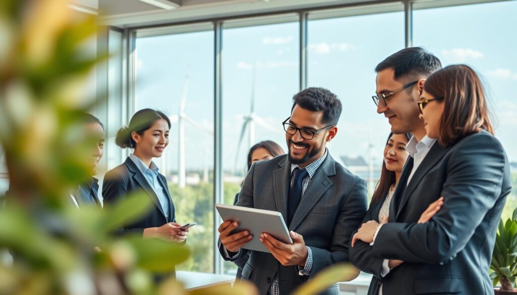 A harmonious, modern office space featuring a diverse group of professionals in business attire, actively collaborating on renewable energy solutions. In the foreground, a diverse engineer is showing a solar panel design on a tablet to a colleague. The middle ground showcases a large window revealing wind turbines and solar arrays in an urban setting, symbolizing Google’s commitment to sustainability. The background is filled with greenery and a bright blue sky, creating an optimistic atmosphere. Soft, natural lighting enhances the scene, capturing the essence of innovation and collaboration. The overall mood is vibrant and forward-looking, emphasizing a dedication to renewable energy initiatives.