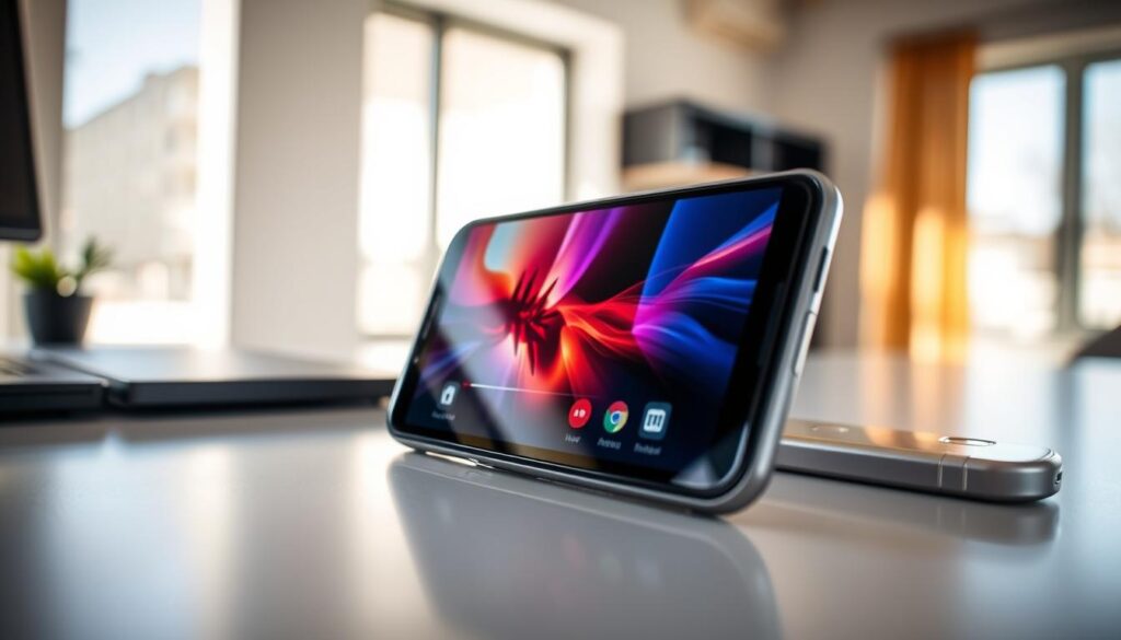 A high-resolution Android smartphone displayed prominently on a sleek, modern desk, with a focus on the screen showcasing vibrant video playback. The smartphone's sleek design features a vivid, edge-to-edge display that brings attention to the video quality differences. In the background, a softly blurred iPhone rests on an adjacent surface, illustrating the comparison without distraction. The setting is well-lit with natural sunlight coming from a nearby window, creating a warm and inviting atmosphere. The depth of field is shallow, emphasizing both devices in clear focus while the background remains softly out of focus. The overall mood is professional and analytical, perfect for illustrating a technical discussion on video quality.