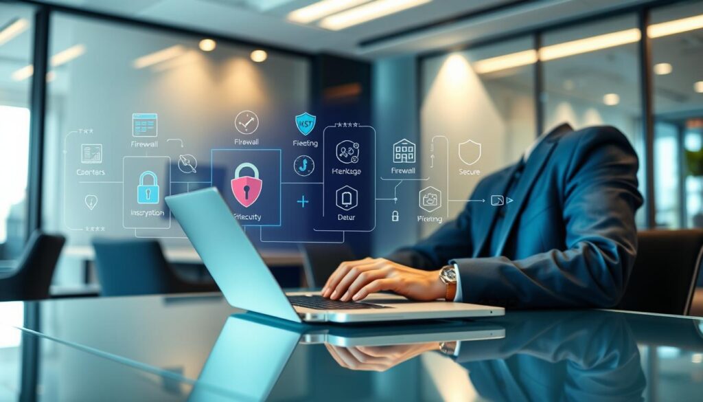 A high-tech office environment depicting a laptop on a sleek glass desk, displaying a security software interface. In the foreground, a person in professional attire is focused on the screen, looking concerned yet determined, taking action to secure their data. The middle section shows various digital icons representing security measures like firewalls, data encryption, and secure connections, illustrated in a vibrant, informative style. The background features a modern office with soft, ambient lighting that enhances the serious atmosphere of data security. The overall mood is one of vigilance and empowerment, emphasizing the importance of protecting personal information from potential threats.