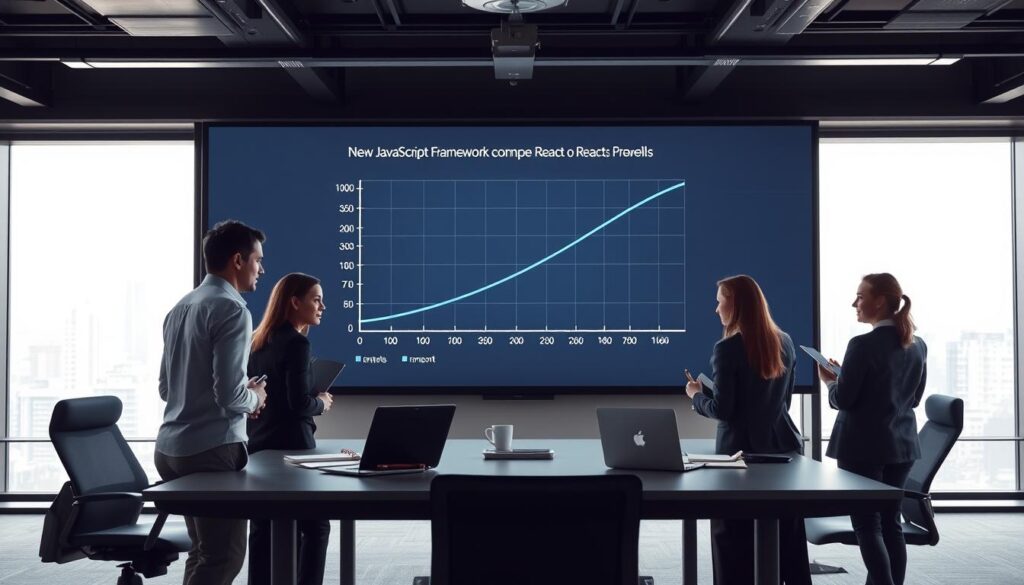 A modern office workspace featuring a large, detailed digital screen displaying a dynamic graph illustrating the learning curve of a new JavaScript framework compared to React. In the foreground, a diverse group of three professionals, dressed in smart business attire, observe the screen intently, taking notes. The middle ground shows a sleek, minimalist desk with laptops, notebooks, and a coffee cup, adding to the productive atmosphere. In the background, a bright, well-lit room with large windows reveals a cityscape, conveying innovation and progress. The lighting is soft and natural, creating an optimistic mood, while the angle captures an inviting perspective, emphasizing collaboration and exploration in the tech world.