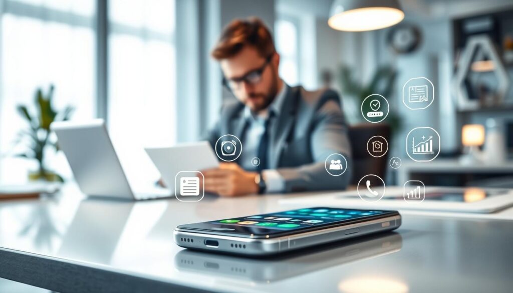 A modern smartphone dual display, highlighting performance metrics and bloatware impact. In the foreground, a high-tech smartphone on a sleek desk surrounded by abstract icons representing bloatware. The middle ground features a user interacting with the device, displaying focus and concentration, dressed in professional attire. The background includes a stylish, soft-lit office with blurred elements, evoking a sense of productivity. Soft light streams in from a window, creating a warm, inviting atmosphere. Utilize a shallow depth of field to emphasize the smartphone, with vibrant colors to illustrate energy and modernity, while maintaining a clean, professional aesthetic. A modern smartphone dual display, highlighting performance metrics and bloatware impact. In the foreground, a high-tech smartphone on a sleek desk surrounded by abstract icons representing bloatware. The middle ground features a user interacting with the device, displaying focus and concentration, dressed in professional attire. The background includes a stylish, soft-lit office with blurred elements, evoking a sense of productivity. Soft light streams in from a window, creating a warm, inviting atmosphere. Utilize a shallow depth of field to emphasize the smartphone, with vibrant colors to illustrate energy and modernity, while maintaining a clean, professional aesthetic.