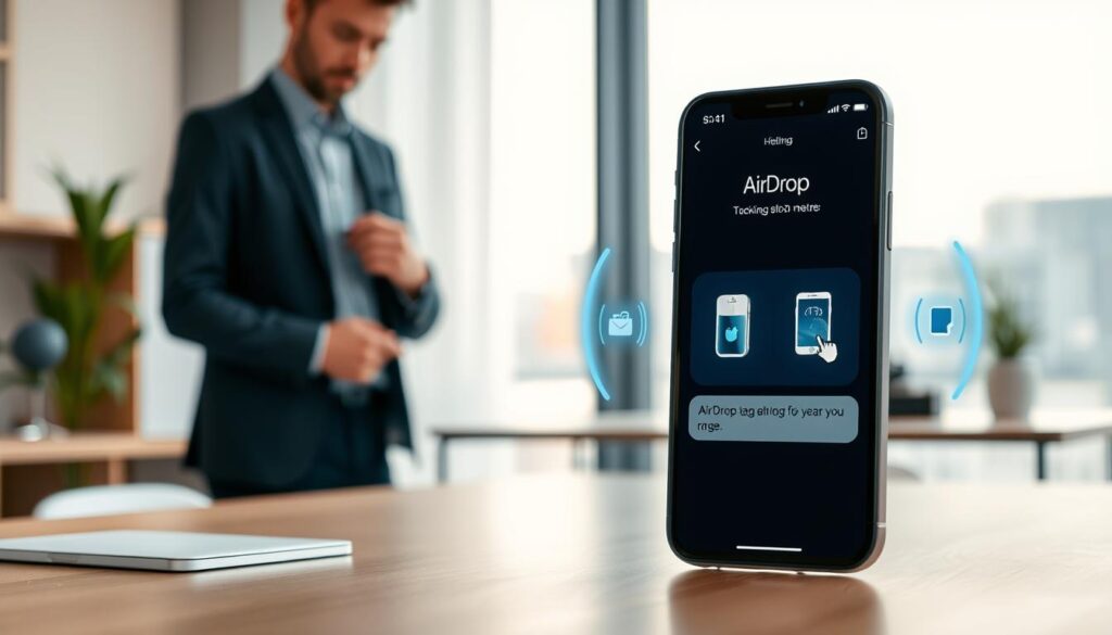 A modern workspace featuring a sleek smartphone displaying the AirDrop interface, set against a background of a stylish office environment. In the foreground, a professional-looking individual in smart casual attire confidently adjusts a device's settings. The middle layer showcases digital icons and connection signals, visually representing the concept of expanding the AirDrop range to 30 meters. The background includes soft-focus elements like an elegant desk with minimalistic decor and a large window letting in warm, natural light. The mood is innovative and tech-savvy, emphasizing the exciting possibilities of tweaking technology to enhance user experience. Use a slightly angled view to capture depth, with soft, balanced lighting to highlight the tech features. A modern workspace featuring a sleek smartphone displaying the AirDrop interface, set against a background of a stylish office environment. In the foreground, a professional-looking individual in smart casual attire confidently adjusts a device's settings. The middle layer showcases digital icons and connection signals, visually representing the concept of expanding the AirDrop range to 30 meters. The background includes soft-focus elements like an elegant desk with minimalistic decor and a large window letting in warm, natural light. The mood is innovative and tech-savvy, emphasizing the exciting possibilities of tweaking technology to enhance user experience. Use a slightly angled view to capture depth, with soft, balanced lighting to highlight the tech features.