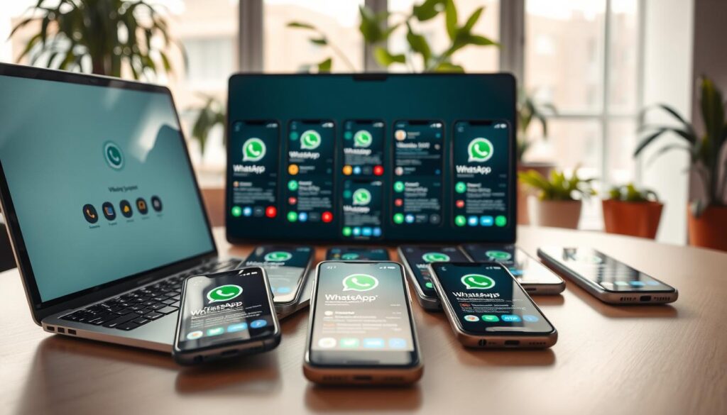 A modern workspace featuring an array of smartphones displaying multiple WhatsApp accounts in a visually appealing manner. In the foreground, a sleek laptop with a vibrant WhatsApp multi-account interface open on the screen. In the middle, several smartphones of different brands carefully organized, with colorful notifications visible on each screen. The background showcases a bright, airy office environment with potted plants and a large window letting in natural light, creating a warm atmosphere. The overall mood is professional yet inviting, suggesting productivity and efficiency. Soft shadows cast by the devices add depth, captured with a shallow depth of field to emphasize the smartphones and laptop at the forefront.