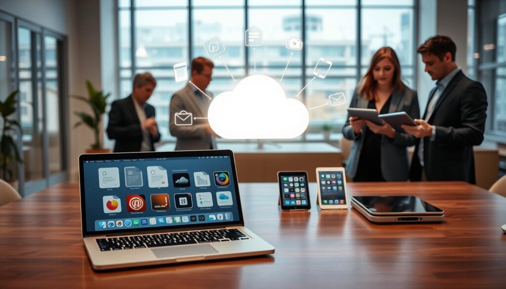 A modern workspace illustrating the integration of Apple’s iCloud and iCloud Drive, with a sleek MacBook open on a polished wooden desk displaying iWork applications like Pages and Keynote. In the foreground, a person in professional business attire collaborates with a colleague, both engaged in discussion with tablets in hand, showcasing productivity. The middle ground features stylish Apple devices connected to a luminous cloud icon symbolizing iCloud, surrounded by floating icons representing file sharing and collaboration. The background showcases a bright, airy office with large windows letting in natural light, creating an inviting atmosphere. The scene captures a sense of efficiency and modernity, emphasizing the seamless connectivity of Apple’s ecosystem for work and productivity. A modern workspace illustrating the integration of Apple’s iCloud and iCloud Drive, with a sleek MacBook open on a polished wooden desk displaying iWork applications like Pages and Keynote. In the foreground, a person in professional business attire collaborates with a colleague, both engaged in discussion with tablets in hand, showcasing productivity. The middle ground features stylish Apple devices connected to a luminous cloud icon symbolizing iCloud, surrounded by floating icons representing file sharing and collaboration. The background showcases a bright, airy office with large windows letting in natural light, creating an inviting atmosphere. The scene captures a sense of efficiency and modernity, emphasizing the seamless connectivity of Apple’s ecosystem for work and productivity.