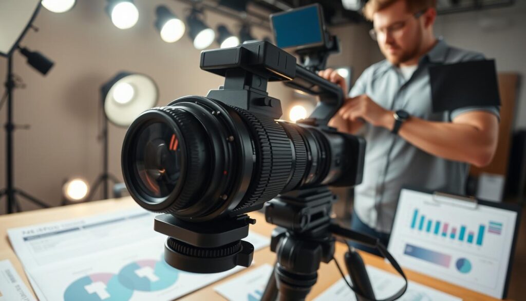 A professional videographer stands in a well-lit studio, adjusting a high-end camera on a tripod, surrounded by various camera settings and equipment. The foreground features the camera's lens with intricate details, showcasing its controls and dials. In the middle ground, there are charts and diagrams illustrating video recording settings, like resolution and frame rates, arranged neatly on a table. The background consists of soft-focus studio lights that create a warm, inviting atmosphere. The scene is energized with a focus on optimal video recording techniques, capturing the essence of professional videography. The lighting is bright yet soft to emphasize clarity, while the angle showcases the camera setup from a slightly elevated perspective, conveying expert knowledge in video production.