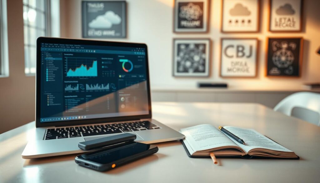 A serene and modern workspace illustrating the concept of "offline synchronization." In the foreground, a sleek laptop displays a software interface, showing graphs and stats related to data sync performance. Beside it, an open notebook with handwritten notes lies next to a smartphone, symbolizing knowledge management tools. In the middle ground, a minimalist desk with soft, diffused natural light streaming in through a window, casting gentle shadows. The background features a wall with framed images of cloud networks and data flow diagrams, creating a tech-savvy atmosphere. The overall mood is calm and focused, reflecting a professional setting conducive to productivity and knowledge management. Use warm tones to enhance the inviting ambiance, captured with a shallow depth of field for a professional finish. A serene and modern workspace illustrating the concept of "offline synchronization." In the foreground, a sleek laptop displays a software interface, showing graphs and stats related to data sync performance. Beside it, an open notebook with handwritten notes lies next to a smartphone, symbolizing knowledge management tools. In the middle ground, a minimalist desk with soft, diffused natural light streaming in through a window, casting gentle shadows. The background features a wall with framed images of cloud networks and data flow diagrams, creating a tech-savvy atmosphere. The overall mood is calm and focused, reflecting a professional setting conducive to productivity and knowledge management. Use warm tones to enhance the inviting ambiance, captured with a shallow depth of field for a professional finish.