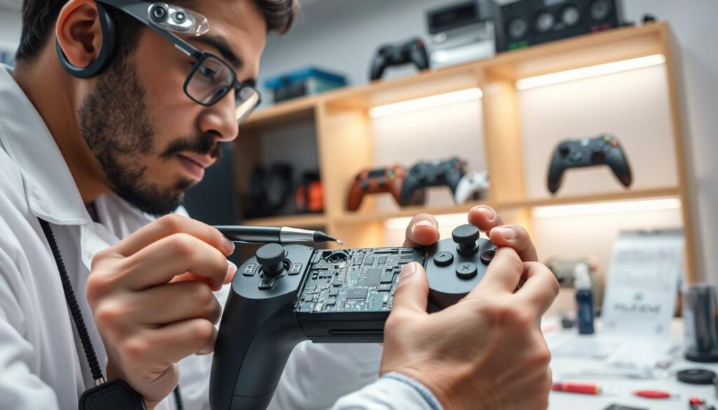 A skilled technician focused on cleaning a DualSense controller, showcasing meticulous attention to detail. In the foreground, the technician, dressed in professional attire, holds a precision cleaning tool, with the controller opened to reveal its internal components. In the middle ground, a well-organized workspace filled with cleaning supplies, small tools, and an instructional manual can be seen. The background should feature a softly lit room with shelves displaying gaming gear to convey a dedicated repair environment. The lighting is bright yet balanced, creating a sterile and focused mood, as if everything is oriented toward resolving the issue of crackling audio. A close-up angle highlights the intricate details of the controller’s circuitry, enhancing the technical aspect of the image. A skilled technician focused on cleaning a DualSense controller, showcasing meticulous attention to detail. In the foreground, the technician, dressed in professional attire, holds a precision cleaning tool, with the controller opened to reveal its internal components. In the middle ground, a well-organized workspace filled with cleaning supplies, small tools, and an instructional manual can be seen. The background should feature a softly lit room with shelves displaying gaming gear to convey a dedicated repair environment. The lighting is bright yet balanced, creating a sterile and focused mood, as if everything is oriented toward resolving the issue of crackling audio. A close-up angle highlights the intricate details of the controller’s circuitry, enhancing the technical aspect of the image.