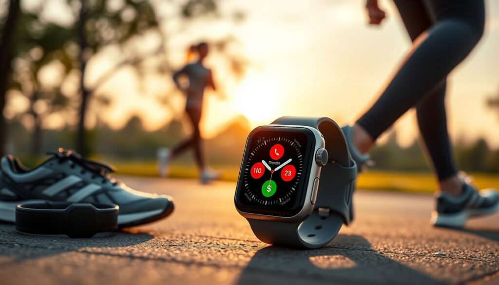 A sleek Apple Watch prominently displayed in the foreground, showcasing its modern design with a vibrant, customizable watch face that highlights fitness and health metrics. The watch is surrounded by subtle elements representing mobility, such as a pair of stylish running shoes and a fitness tracker, hinting at an active lifestyle. In the middle ground, softly blurred silhouettes of a person jogging outdoors, dressed in professional athleisure attire, suggest a sense of movement and energy. The background features a serene park landscape at sunrise, casting warm, golden light that enhances the scene, with soft bokeh effects for a dreamy atmosphere. The focus is clear on the Apple Watch, emphasizing its role in health and mobility without distractions. A sleek Apple Watch prominently displayed in the foreground, showcasing its modern design with a vibrant, customizable watch face that highlights fitness and health metrics. The watch is surrounded by subtle elements representing mobility, such as a pair of stylish running shoes and a fitness tracker, hinting at an active lifestyle. In the middle ground, softly blurred silhouettes of a person jogging outdoors, dressed in professional athleisure attire, suggest a sense of movement and energy. The background features a serene park landscape at sunrise, casting warm, golden light that enhances the scene, with soft bokeh effects for a dreamy atmosphere. The focus is clear on the Apple Watch, emphasizing its role in health and mobility without distractions.