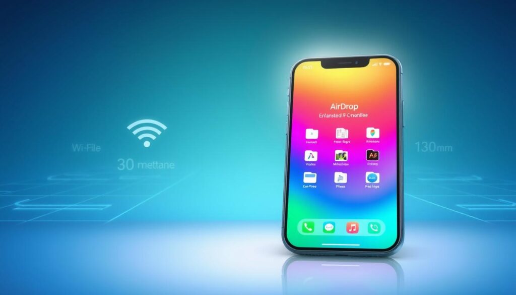 A sleek and modern digital illustration of a vibrant smartphone screen displaying the AirDrop interface, showcasing the transfer of files. In the foreground, the smartphone should be prominently placed, reflecting a bright screen with various file icons being transferred, illuminated by a soft glow. In the middle ground, faint outlines of Wi-Fi signals and distance markers emphasizing the 30-meter range surround the phone, suggesting enhanced stability and speed. The background features a tech-inspired gradient, blending blues and greens to evoke a digital atmosphere. Soft lighting highlights the smartphone, creating a clean, professional look, suitable for a tech article. The overall mood should be dynamic and cutting-edge, indicating high-tech efficiency in file sharing. A sleek and modern digital illustration of a vibrant smartphone screen displaying the AirDrop interface, showcasing the transfer of files. In the foreground, the smartphone should be prominently placed, reflecting a bright screen with various file icons being transferred, illuminated by a soft glow. In the middle ground, faint outlines of Wi-Fi signals and distance markers emphasizing the 30-meter range surround the phone, suggesting enhanced stability and speed. The background features a tech-inspired gradient, blending blues and greens to evoke a digital atmosphere. Soft lighting highlights the smartphone, creating a clean, professional look, suitable for a tech article. The overall mood should be dynamic and cutting-edge, indicating high-tech efficiency in file sharing.