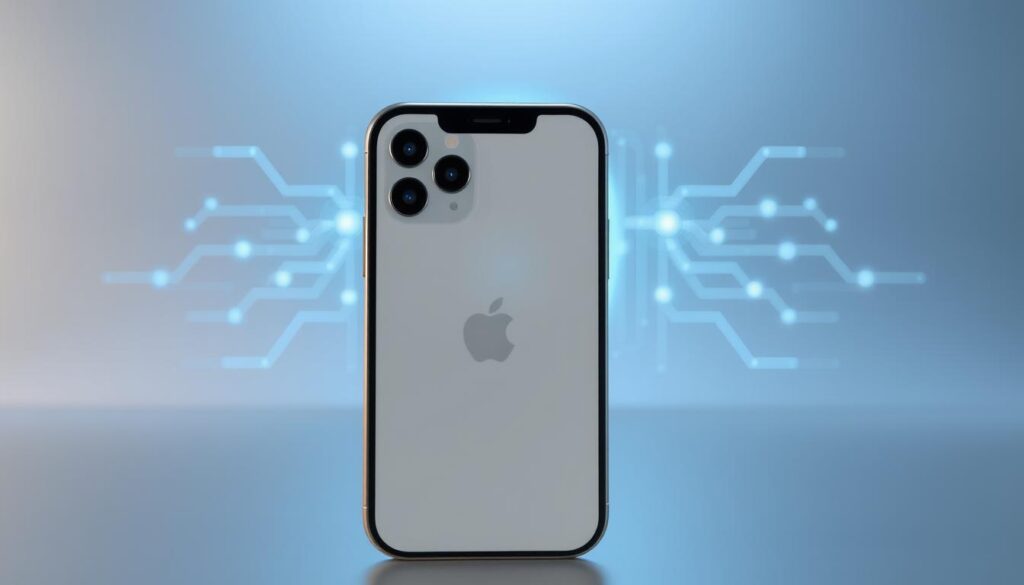 A sleek iPhone SE 2024 showcasing its Face ID feature, set against a high-tech, futuristic background. The phone is positioned prominently in the foreground, displaying a close-up of the front view with the Face ID sensors visible on the top edge. In the middle ground, include an abstract representation of facial recognition technology, with digital patterns and lines connecting to a human face silhouette, suggesting advanced biometric security. The background features a soft gradient of blue and gray tones, with subtle glowing elements that evoke a feeling of innovation and sophistication. Use soft, diffused lighting to enhance the modern and clean aesthetic. The overall mood should reflect excitement about technological advancements in mobile security. A sleek iPhone SE 2024 showcasing its Face ID feature, set against a high-tech, futuristic background. The phone is positioned prominently in the foreground, displaying a close-up of the front view with the Face ID sensors visible on the top edge. In the middle ground, include an abstract representation of facial recognition technology, with digital patterns and lines connecting to a human face silhouette, suggesting advanced biometric security. The background features a soft gradient of blue and gray tones, with subtle glowing elements that evoke a feeling of innovation and sophistication. Use soft, diffused lighting to enhance the modern and clean aesthetic. The overall mood should reflect excitement about technological advancements in mobile security.