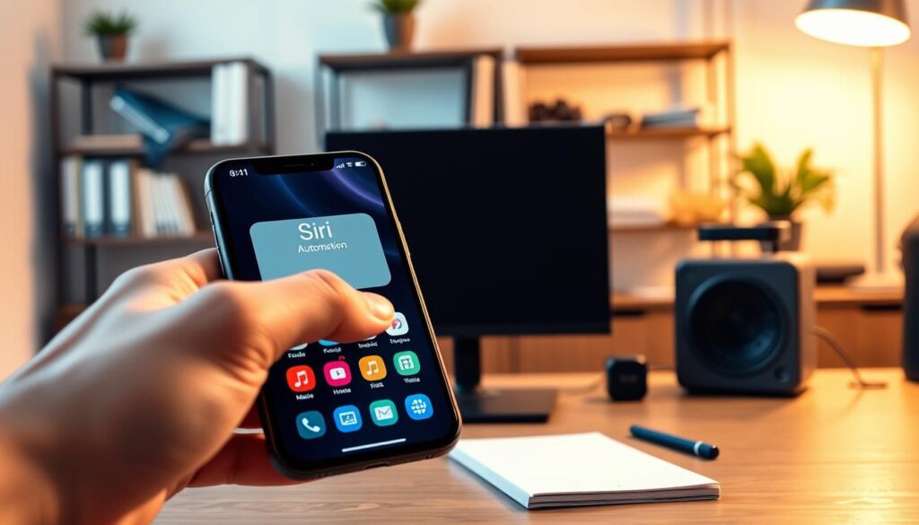 A sleek, modern digital workspace featuring a high-tech smartphone displaying the Siri interface with various shortcut commands visible. In the foreground, a hand interacts with the device, showcasing a close-up of the screen with vibrant icons representing automation, such as a calendar, music, and home control. The middle ground includes a stylish desk with tech gadgets and a notepad for notes. In the background, soft-focused shelves with books and plants create a calming yet professional environment. Warm, ambient lighting highlights the scene, creating a productive and inviting atmosphere. The overall mood conveys efficiency and innovation, making it ideal for illustrating tips for optimizing Siri's performance. A sleek, modern digital workspace featuring a high-tech smartphone displaying the Siri interface with various shortcut commands visible. In the foreground, a hand interacts with the device, showcasing a close-up of the screen with vibrant icons representing automation, such as a calendar, music, and home control. The middle ground includes a stylish desk with tech gadgets and a notepad for notes. In the background, soft-focused shelves with books and plants create a calming yet professional environment. Warm, ambient lighting highlights the scene, creating a productive and inviting atmosphere. The overall mood conveys efficiency and innovation, making it ideal for illustrating tips for optimizing Siri's performance.