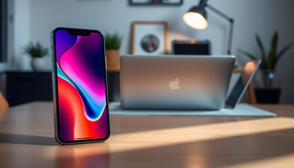 A sleek, modern display of an iPhone 15 Pro showcasing its ProMotion 120Hz capabilities, positioned prominently in the foreground. The phone's screen highlights vibrant colors and smooth animations, emphasizing the visual fluidity offered by the 120Hz refresh rate. In the middle background, a blurred scene of a cozy workspace with a stylish desk setup, featuring minimalist decor and a laptop, lends a contemporary and professional atmosphere. Soft, diffused lighting casts gentle shadows, creating a warm and inviting mood. The angle captures the iPhone from a slightly elevated perspective, highlighting its premium design and finishes. The overall composition should evoke a sense of innovation and efficiency, perfect for illustrating the advanced technology within the ProMotion ecosystem. A sleek, modern display of an iPhone 15 Pro showcasing its ProMotion 120Hz capabilities, positioned prominently in the foreground. The phone's screen highlights vibrant colors and smooth animations, emphasizing the visual fluidity offered by the 120Hz refresh rate. In the middle background, a blurred scene of a cozy workspace with a stylish desk setup, featuring minimalist decor and a laptop, lends a contemporary and professional atmosphere. Soft, diffused lighting casts gentle shadows, creating a warm and inviting mood. The angle captures the iPhone from a slightly elevated perspective, highlighting its premium design and finishes. The overall composition should evoke a sense of innovation and efficiency, perfect for illustrating the advanced technology within the ProMotion ecosystem.