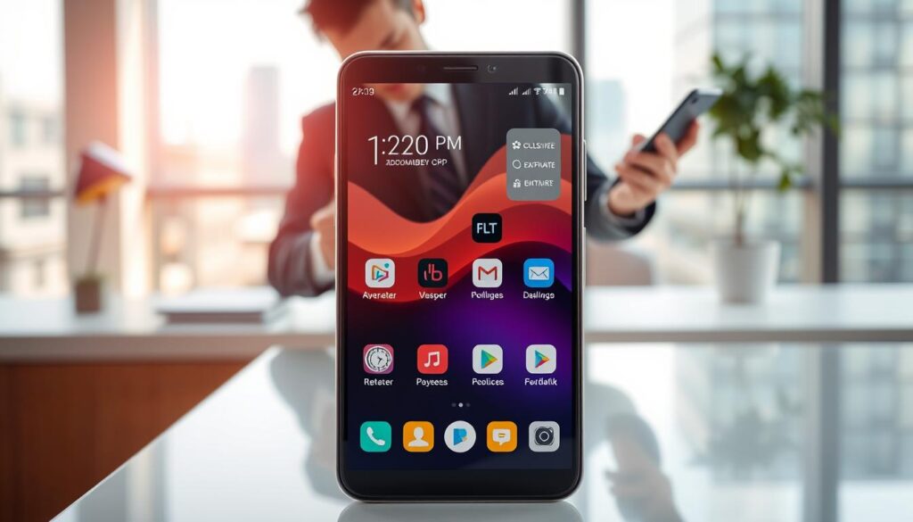 A sleek, modern smartphone displayed prominently in the foreground, showcasing its customizable interface with vibrant app icons and dynamic widgets. The middle ground features a sophisticated workspace with a minimalist desk, where a person in professional business attire interacts with the smartphone, highlighting its exclusive features. In the background, a soft-focus urban landscape through a large window enhances the tech-savvy atmosphere. The lighting is bright and natural, creating an inviting scene that emphasizes innovation and elegance. Use a slightly elevated angle to capture both the device and the user's interaction with it. The mood is professional and inspiring, conveying the essence of customization and premium smartphone capabilities. A sleek, modern smartphone displayed prominently in the foreground, showcasing its customizable interface with vibrant app icons and dynamic widgets. The middle ground features a sophisticated workspace with a minimalist desk, where a person in professional business attire interacts with the smartphone, highlighting its exclusive features. In the background, a soft-focus urban landscape through a large window enhances the tech-savvy atmosphere. The lighting is bright and natural, creating an inviting scene that emphasizes innovation and elegance. Use a slightly elevated angle to capture both the device and the user's interaction with it. The mood is professional and inspiring, conveying the essence of customization and premium smartphone capabilities.