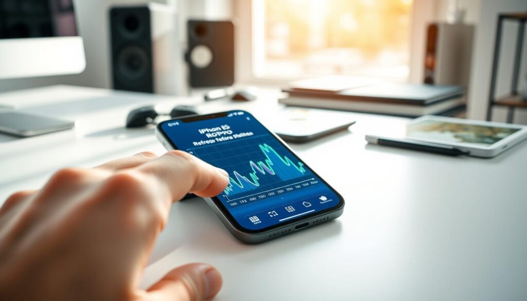 A sleek, modern workspace centered around a high-end iPhone 15 Pro resting on a minimalist desk. The phone screen displays a dynamic animated graph illustrating fluctuating refresh rates, with vibrant colors like electric blue and neon green. In the foreground, a hand adjusts the iPhone's settings, fingers barely touching the screen, hinting at the user’s interaction. Soft, diffused natural light streams in from a large window, creating a bright, inviting atmosphere. The background features a blurred view of tech gadgets and books, maintaining focus on the phone. The image conveys a sense of advanced technology and professionalism, emphasizing clarity and innovation in setting refresh rates. A sleek, modern workspace centered around a high-end iPhone 15 Pro resting on a minimalist desk. The phone screen displays a dynamic animated graph illustrating fluctuating refresh rates, with vibrant colors like electric blue and neon green. In the foreground, a hand adjusts the iPhone's settings, fingers barely touching the screen, hinting at the user’s interaction. Soft, diffused natural light streams in from a large window, creating a bright, inviting atmosphere. The background features a blurred view of tech gadgets and books, maintaining focus on the phone. The image conveys a sense of advanced technology and professionalism, emphasizing clarity and innovation in setting refresh rates.