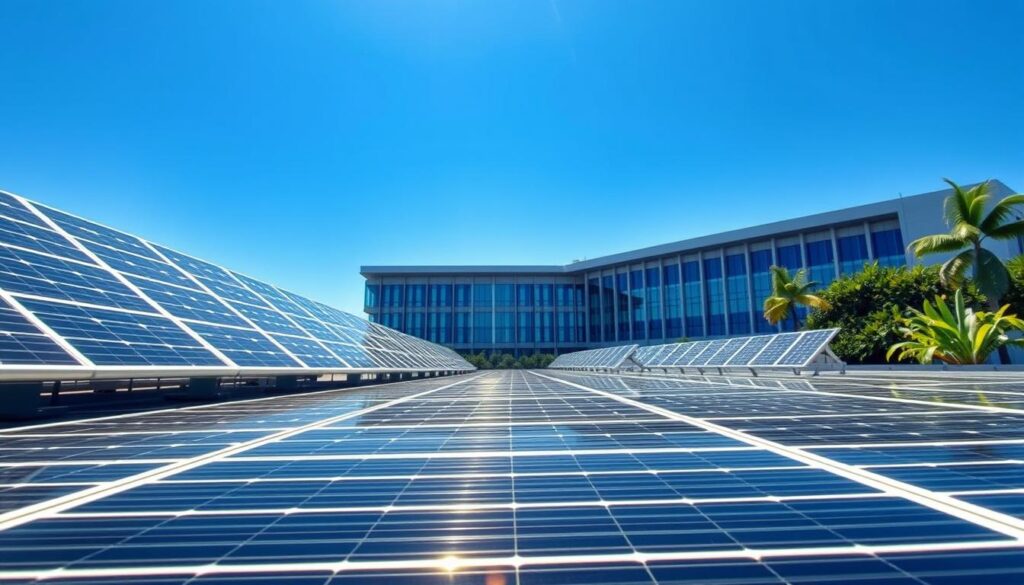 A state-of-the-art solar panel installation on the rooftop of a modern Google data center in Jakarta. In the foreground, showcase sleek, high-efficiency solar panels arranged in a dynamic pattern, glinting under bright sunlight. In the middle ground, depict the expansive data center building with reflective glass windows and bold architectural lines, illustrating its scale and technological significance. The background features a clear blue sky, accentuating the clean energy theme, with hints of tropical greenery to signify the Jakarta environment. Use bright, even lighting to emphasize the solar panels’ innovation and a low-angle perspective to create a towering impression. The mood is forward-looking and optimistic, embodying a vision of sustainable technology. No text, watermarks, or people present.
