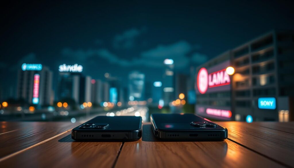 A stunning night scene showcasing two smartphones, the iPhone 15 Pro and Sony Xperia, on a wooden table in a softly lit environment. The foreground features the sleek design of both phones, highlighting their camera modules with focus on the lenses. The middle ground blends a blurred cityscape illuminated by streetlights and neon signs, contrasting the dark sky. In the background, a starry night adds depth, and subtle hints of clouds create a moody atmosphere. The overall lighting should be soft and warm, capturing the essence of low-light photography, emphasizing details like noise and exposure typical of night mode usage. A stunning night scene showcasing two smartphones, the iPhone 15 Pro and Sony Xperia, on a wooden table in a softly lit environment. The foreground features the sleek design of both phones, highlighting their camera modules with focus on the lenses. The middle ground blends a blurred cityscape illuminated by streetlights and neon signs, contrasting the dark sky. In the background, a starry night adds depth, and subtle hints of clouds create a moody atmosphere. The overall lighting should be soft and warm, capturing the essence of low-light photography, emphasizing details like noise and exposure typical of night mode usage.