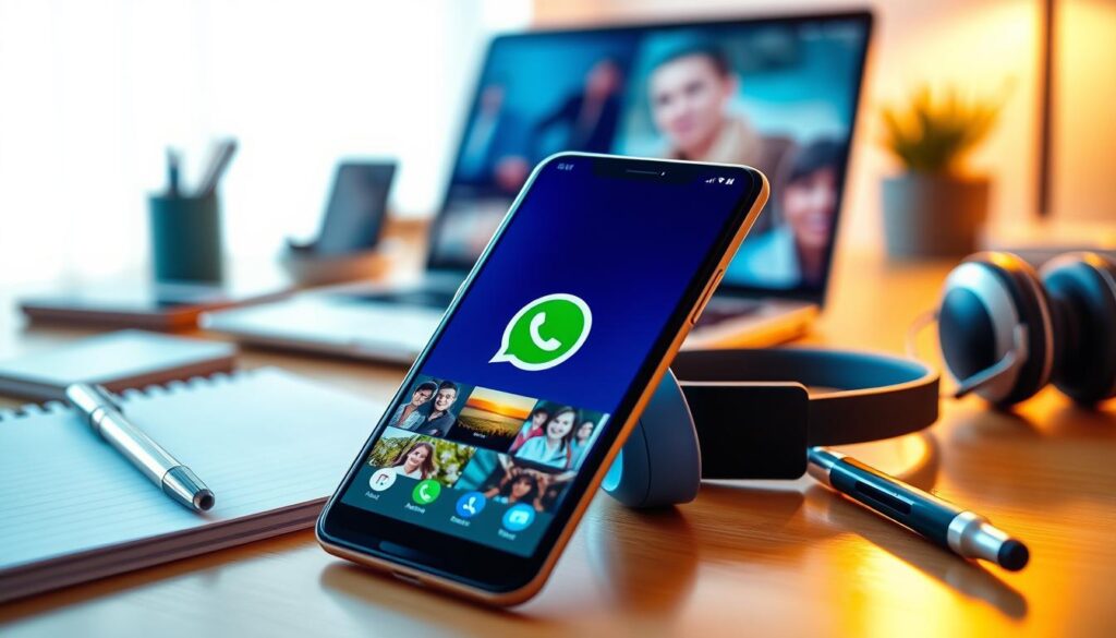 A vibrant and modern workspace, featuring a sleek smartphone displaying the WhatsApp interface, showcasing various media features like photos, videos, and voice messages. In the foreground, the phone is angled towards the viewer, reflecting bright light to emphasize its screen clarity and color depth. Surrounding the phone are essential items like a notepad, stylus, and headphones, symbolizing communication and creativity. In the middle ground, a blurred laptop and a well-organized desk reveal an atmosphere of productivity. The soft ambient lighting creates a warm and inviting mood, suggesting innovation and hidden potential within WhatsApp’s features. The background is subtly blurred to keep the focus on the media displayed on the device, enriching the overall composition without distractions.
