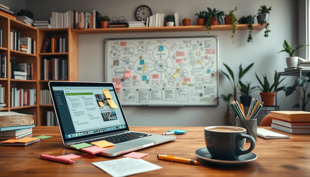 A visually engaging workspace scene depicting "pendokumentasian notes." In the foreground, a neatly arranged wooden desk hosts an open laptop displaying an interface of a note-taking app, surrounded by colorful sticky notes, pens, and a cup of coffee. In the middle, a whiteboard filled with interconnected ideas, diagrams, and brainstorming notes provides a clear view of the creative process. The background features shelves lined with books and plants, enhancing the knowledge management theme. Soft, natural light illuminates the scene, creating a warm and inviting atmosphere. The camera angle is slightly elevated, capturing the rich details while emphasizing the organized chaos of a productive workspace. A visually engaging workspace scene depicting "pendokumentasian notes." In the foreground, a neatly arranged wooden desk hosts an open laptop displaying an interface of a note-taking app, surrounded by colorful sticky notes, pens, and a cup of coffee. In the middle, a whiteboard filled with interconnected ideas, diagrams, and brainstorming notes provides a clear view of the creative process. The background features shelves lined with books and plants, enhancing the knowledge management theme. Soft, natural light illuminates the scene, creating a warm and inviting atmosphere. The camera angle is slightly elevated, capturing the rich details while emphasizing the organized chaos of a productive workspace.
