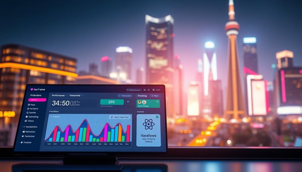 A visually striking comparison of JavaScript framework performance, featuring a vibrant, modern design. In the foreground, a sleek digital dashboard displays performance metrics with colorful graphs and charts, highlighting fast rendering speeds. The middle ground showcases three popular frameworks—React, the new framework, and others—represented by stylized icons. The background features a tech-inspired cityscape, illuminated by neon lights, symbolizing innovation and progress. Soft, glowing lighting adds a futuristic atmosphere, while a shallow depth of field brings focus to the dashboard. The scene should evoke a sense of excitement and discovery in technology. The overall composition should be clean and professional, without any text or branding.