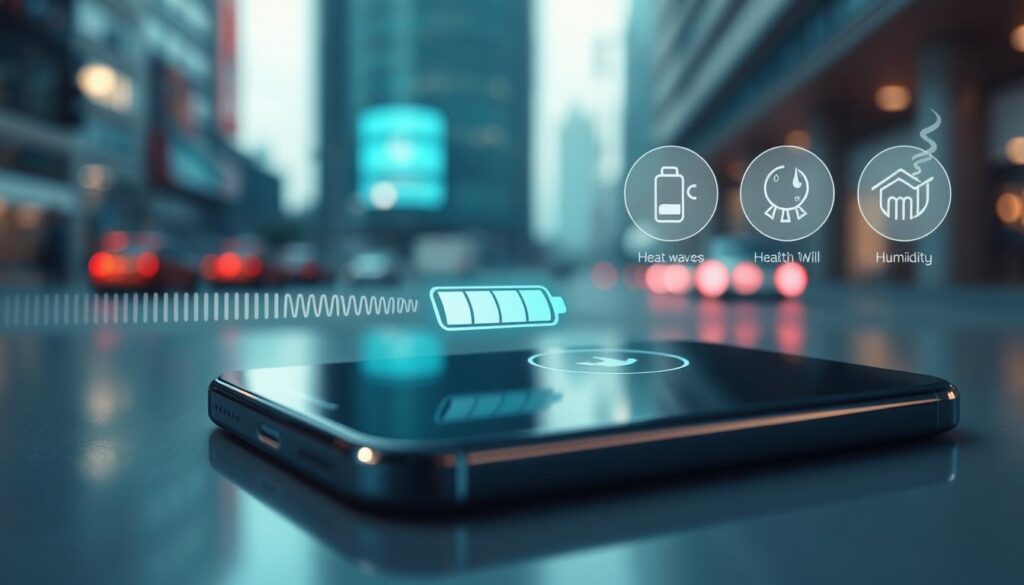 A visually striking illustration focusing on battery health, featuring a close-up of a smartphone screen displaying a battery icon with a percentage indicator showing a decline in health. In the foreground, the iPhone 14 Pro Max glistens under soft, diffused lighting, accentuating its sleek design. The middle ground includes a subtle visual representation of environmental factors affecting battery life, like heat waves and humidity, symbolized by abstract graphics or icons. In the background, a blurred urban setting in Indonesia suggests the geographical context. The atmosphere conveys a sense of concern and awareness, with cool color tones that reflect technological themes. The shot is taken from a slightly elevated angle, creating depth and drawing attention to the smartphone as the focal point of the image. A visually striking illustration focusing on battery health, featuring a close-up of a smartphone screen displaying a battery icon with a percentage indicator showing a decline in health. In the foreground, the iPhone 14 Pro Max glistens under soft, diffused lighting, accentuating its sleek design. The middle ground includes a subtle visual representation of environmental factors affecting battery life, like heat waves and humidity, symbolized by abstract graphics or icons. In the background, a blurred urban setting in Indonesia suggests the geographical context. The atmosphere conveys a sense of concern and awareness, with cool color tones that reflect technological themes. The shot is taken from a slightly elevated angle, creating depth and drawing attention to the smartphone as the focal point of the image.