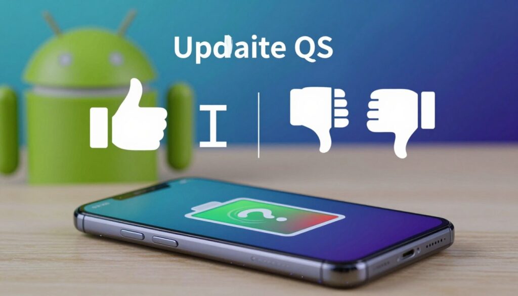 A dynamic visual representation showcasing the contrast between myths and facts about Android updates, focusing on performance and battery life. In the foreground, a sleek modern smartphone displaying a vibrant battery icon with a swirling question mark symbolizing myths. In the middle ground, clear graphical elements like thumbs up and thumbs down icons reflecting facts, arranged to create a balanced composition. The background features abstract representations of Android OS components in soft, blurred colors, creating a tech-savvy atmosphere. Soft lighting casts gentle reflections on the smartphone’s screen, enhancing its modern appeal. The overall mood is informative yet engaging, perfect for an article dissecting Android update narratives.