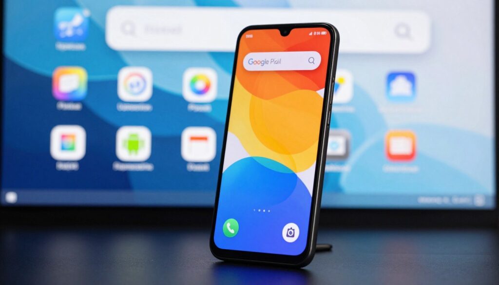 A sleek, modern Google Pixel smartphone displayed prominently in the foreground, showcasing its latest software interface with vibrant colors and an eye-catching design. The middle layer features a blurred representation of various Android app icons, symbolizing an array of updates. In the background, an abstract tech-themed environment, with soft blue and white hues, creates a futuristic atmosphere. The lighting is bright and even, emphasizing the clarity and detail of the Pixel phone, while a slight tilt-angle captures its sleek profile effectively. The overall mood is innovative and dynamic, hinting at the excitement of new technology and updates in the Android ecosystem.